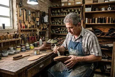 Sapateiro em Colatina colando a sola de um sapato, com ferramentas e materiais ao redor.