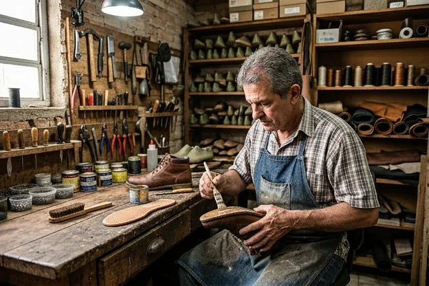 Sapateiro em Colatina colando a sola de um sapato, com ferramentas e materiais ao redor.