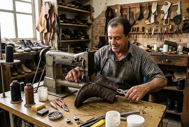 Sapateiro em Colatina trabalhando no conserto do zíper de uma bota com ferramentas adequadas.