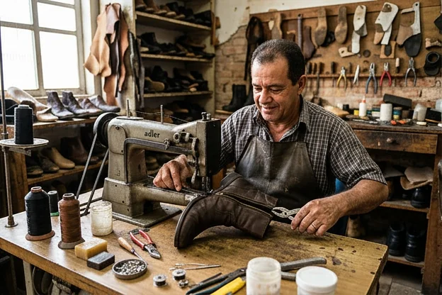 Sapateiro em Colatina trabalhando no conserto do zíper de uma bota com ferramentas adequadas.