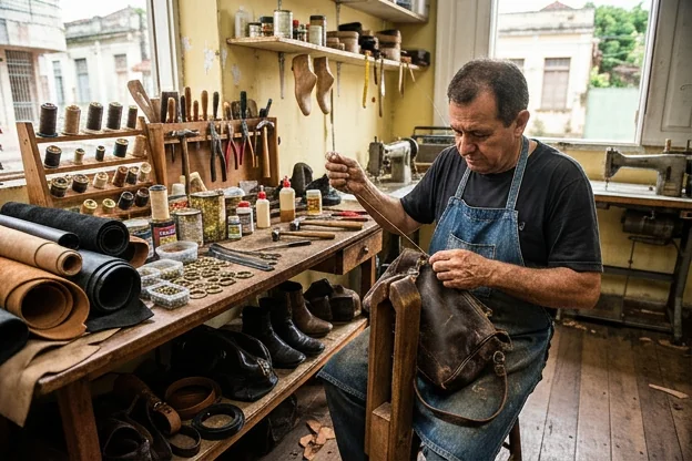 Sapateiro em Colatina trabalhando na reforma de uma bolsa de couro com materiais organizados.