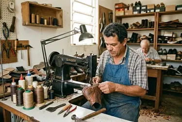 Sapateiro em Colatina utilizando uma máquina de costura para consertar um calçado.