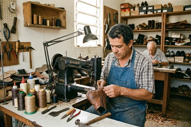 Sapateiro em Colatina utilizando uma máquina de costura para consertar um calçado.